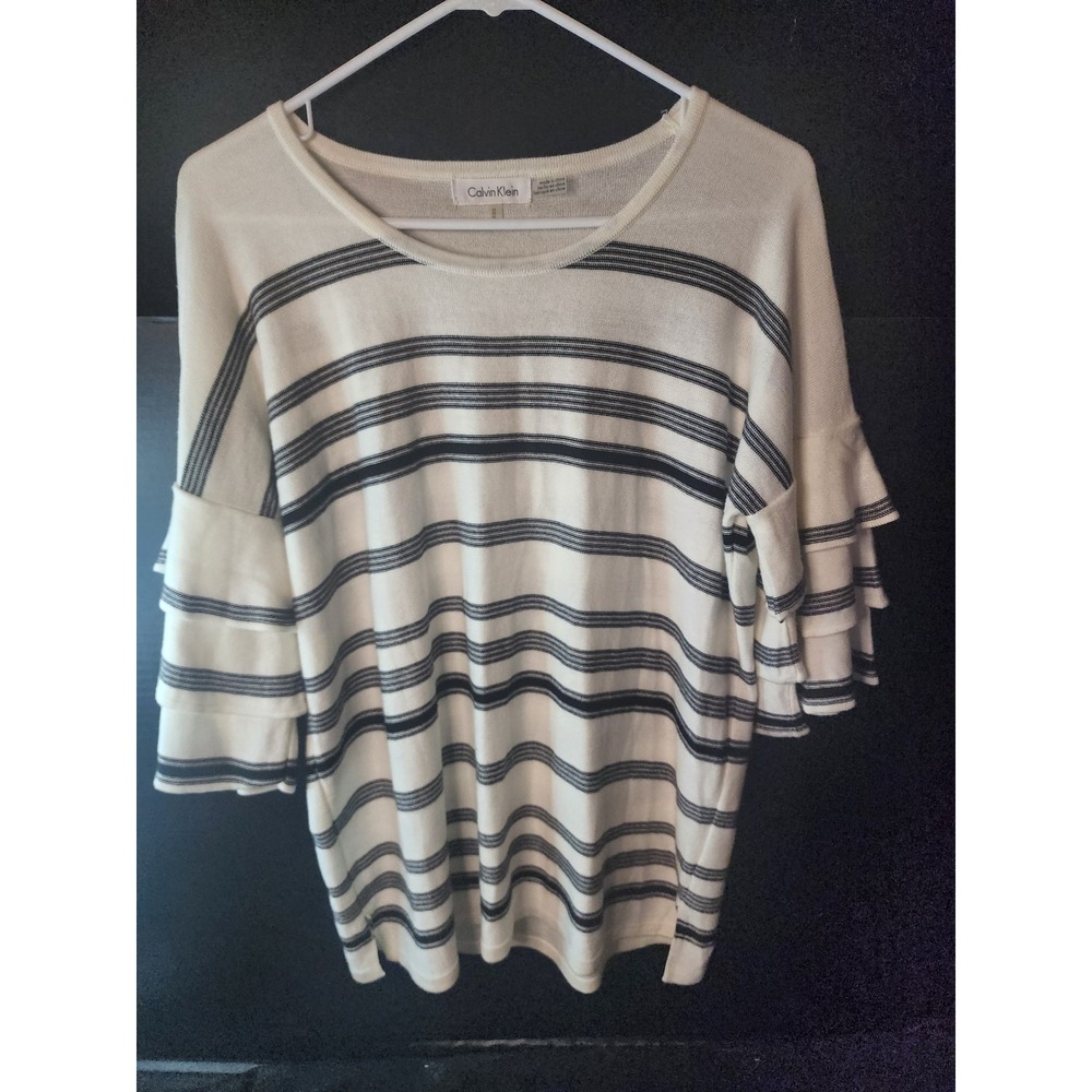 Calvin Klein Plus Sz M Striped Tiered Bell Sleeve  Pullover Lightweight Sweater